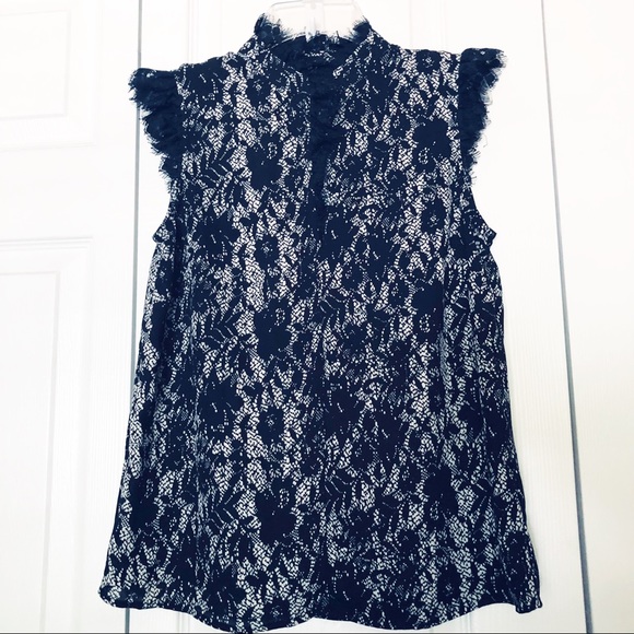 Who What Wear Black & White Blouse with Lace Trim - Picture 2 of 5